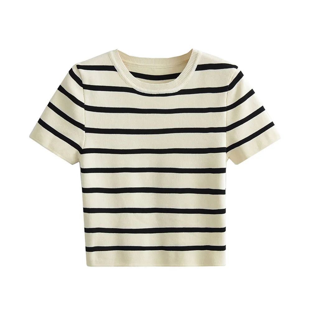 TRAF Women Fashion Striped Basic Cropped Knit Sweater Vintage O Neck Short Sleeve Female Pullovers Chic Tops