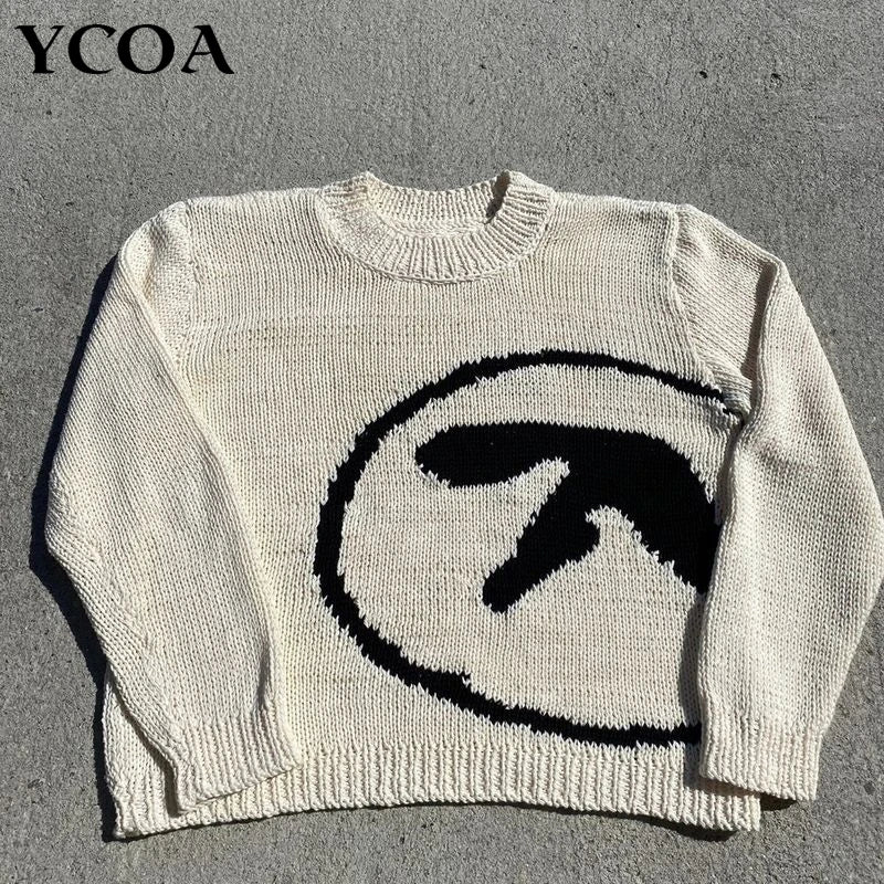 Damtröja Aphex Twin Knit Y2k hösttröja Långärmade toppar Vintage stickade kläder Jumper Streetwear Koreanska damkläder