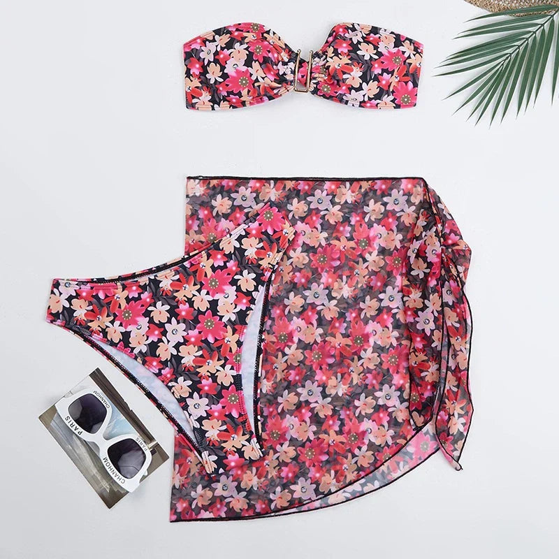 Cyflymder  Printing Split Bikini Set Women Swimsuit Metal U-shaped Decoration Bandage G-string Bikini Cover Ups Sexy 3 Piece Sets Beachwear - Seldom Seen Styles
