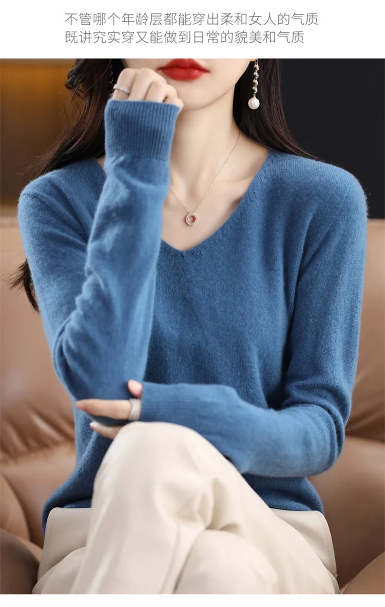 Merino Wool Women's Autumn And Winter Solid Color V-Neck Long-Sleeved Loose Knitted Sweater