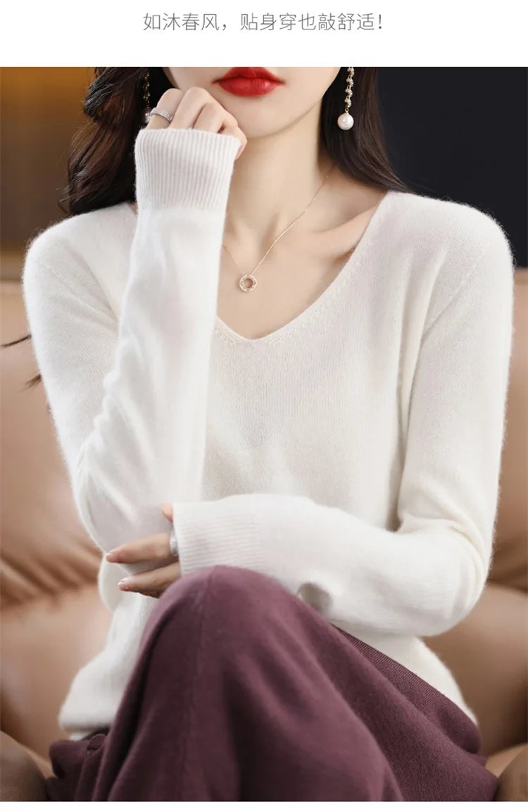 Merino Wool Women's Autumn And Winter Solid Color V-Neck Long-Sleeved Loose Knitted Sweater