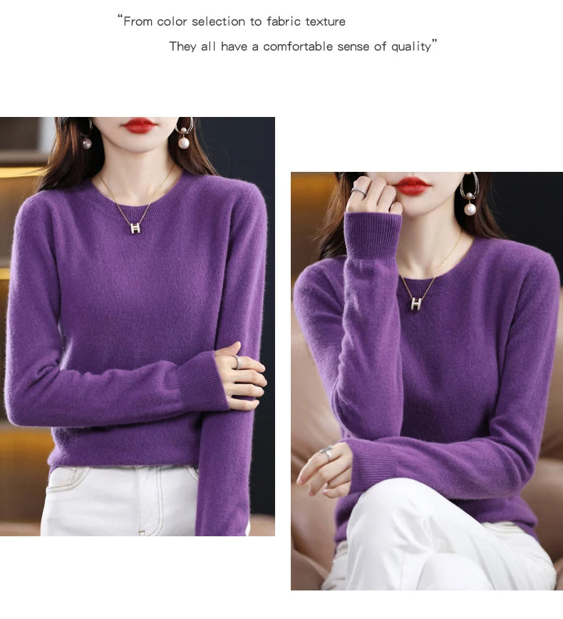 Women's 100% Pure Wool Cashmere Sweater O-Neck Pullover Knitted Casual Sweater Winter New  Long-Sleeved Warm High-Grade Jumper