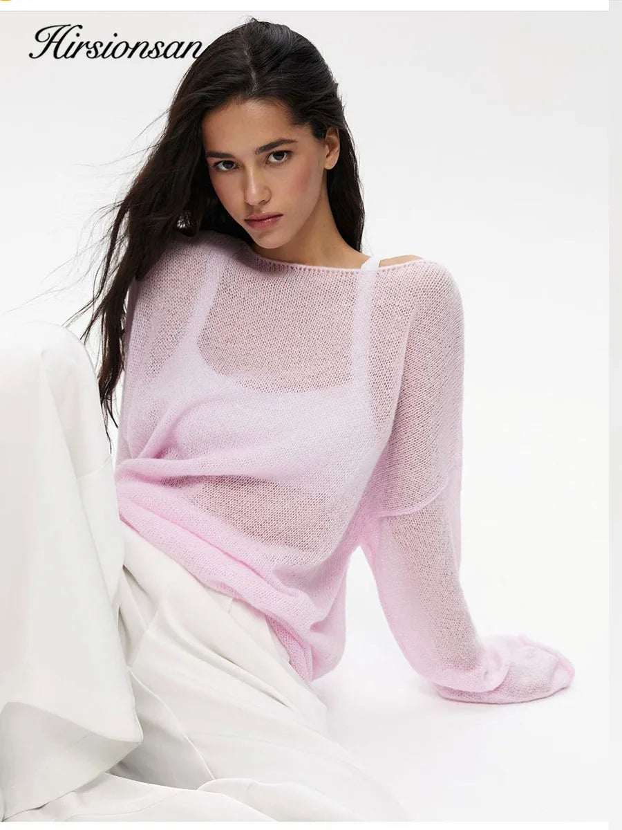 Hirsionsan Elegant tröja Kvinnor 2024 Sommar Höst Fritidsmode Löst Dam Pullover Chic Rosa Vit Jumper Sueter Mujer