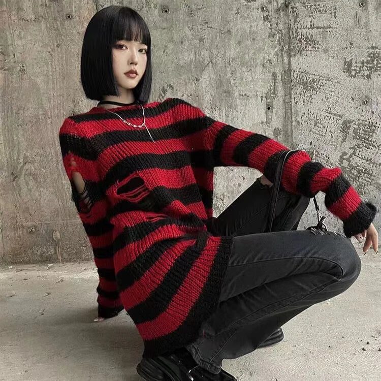 New Punk Gothic Long Unisex Sweater Summer Women Striped Cool Hollow Out Hole Broken Jumper Loose Rock Thin Dark Streetwear Top