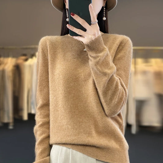 100% Merino Wool Sweater Women O-neck Cashmere Knitwear Female Pullover Autumn Winter Casual Tops Solid Color Soft  Clothing