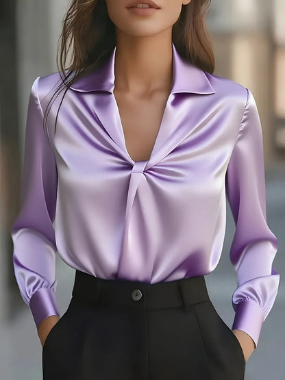 Women's Satin Pleated Blouse – Long Sleeve Structured Collar Office Shirt | S–XXL