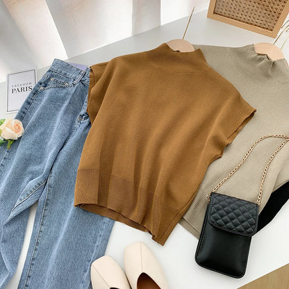 Fashion Vest Shirt Solid Stand-up Collar Knitted Sweater Short Sleeve Office Lady Loose Elegant  All-Match Straight Tops 20397