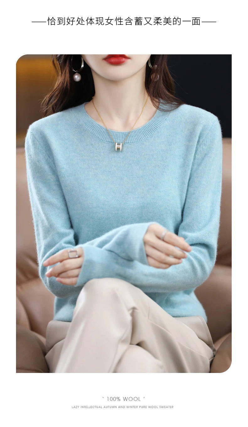 Women's 100% Pure Wool Cashmere Sweater O-Neck Pullover Knitted Casual Sweater Winter New  Long-Sleeved Warm High-Grade Jumper