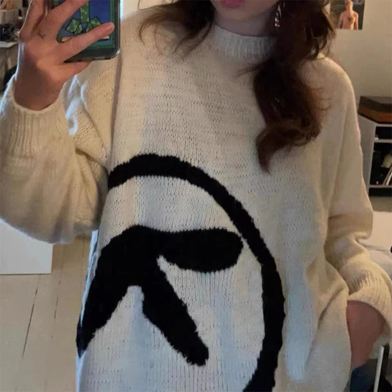 Damtröja Aphex Twin Knit Y2k hösttröja Långärmade toppar Vintage stickade kläder Jumper Streetwear Koreanska damkläder