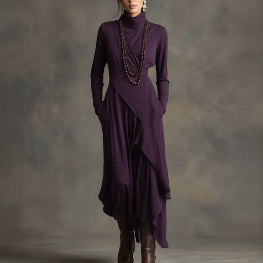 Sandra | Vestito Maxi Plissettato Asimmetrico con Collo Alto Viola - Seldom Seen Styles