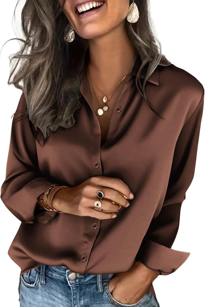Satinblusen für Damen Seidenblusen Hemden mit Knöpfen Langarm Business Casual Oberteile