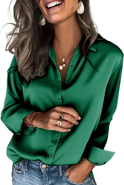 Satinblusen für Damen Seidenblusen Hemden mit Knöpfen Langarm Business Casual Oberteile