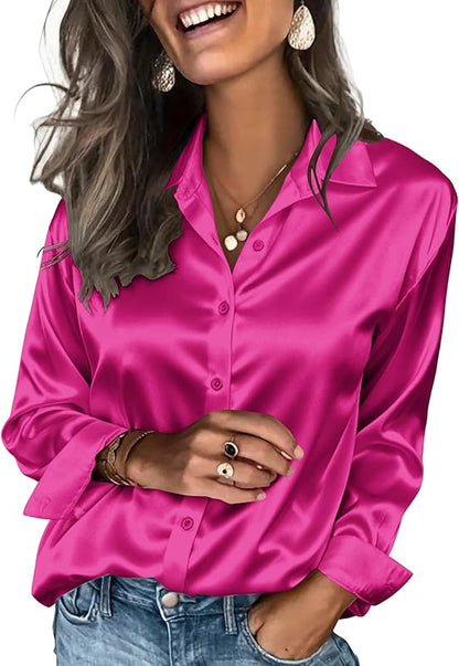 Satinblusen für Damen Seidenblusen Hemden mit Knöpfen Langarm Business Casual Oberteile