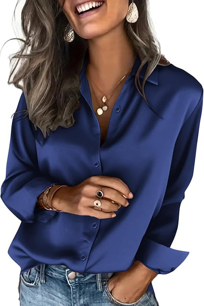Satinblusen für Damen Seidenblusen Hemden mit Knöpfen Langarm Business Casual Oberteile