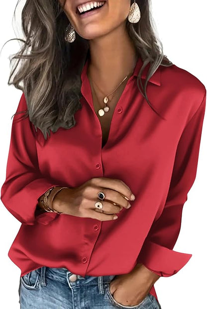 Satinblusen für Damen Seidenblusen Hemden mit Knöpfen Langarm Business Casual Oberteile
