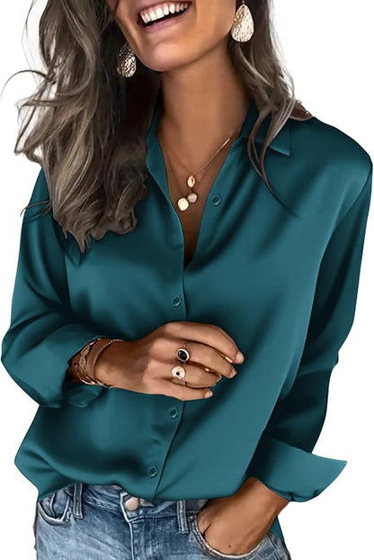 Satinblusen für Damen Seidenblusen Hemden mit Knöpfen Langarm Business Casual Oberteile