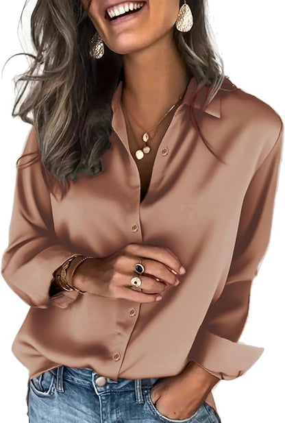 Satinblusen für Damen Seidenblusen Hemden mit Knöpfen Langarm Business Casual Oberteile