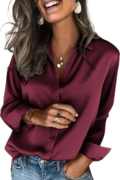 Satinblusen für Damen Seidenblusen Hemden mit Knöpfen Langarm Business Casual Oberteile