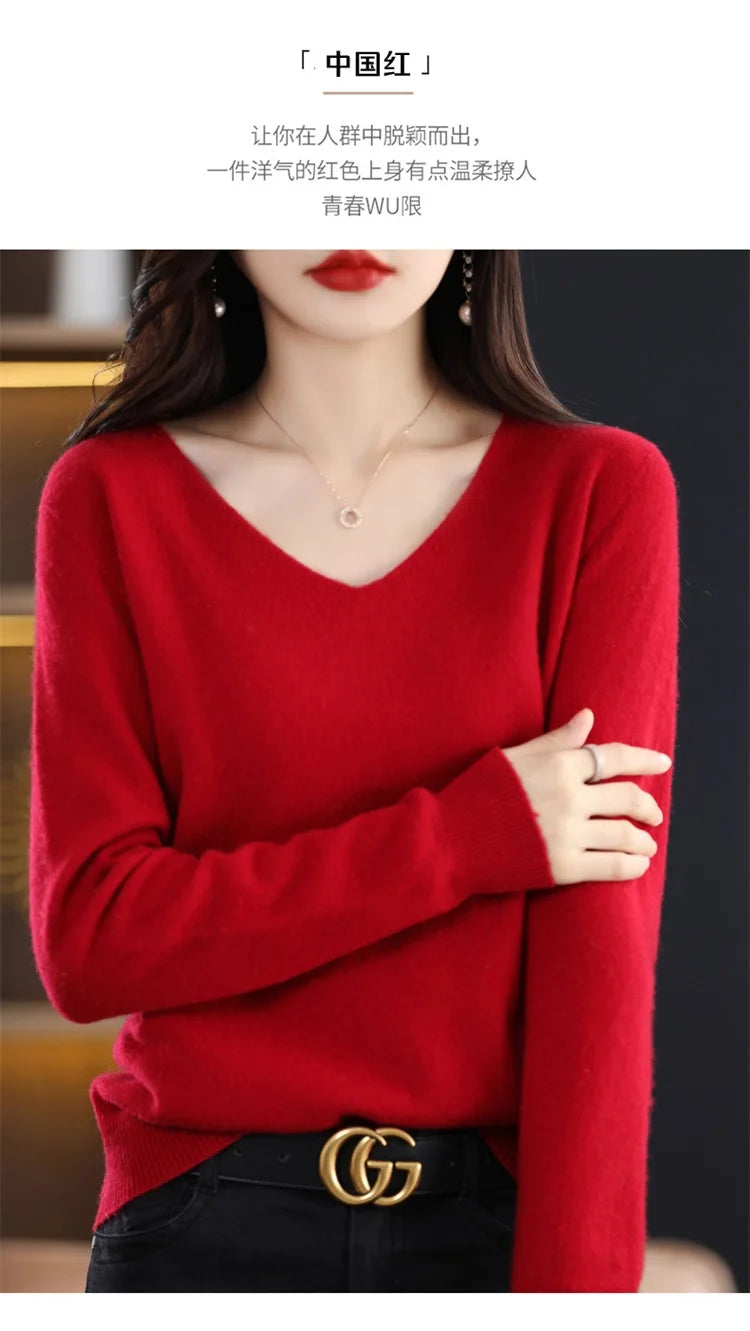 Merino Wool Women's Autumn And Winter Solid Color V-Neck Long-Sleeved Loose Knitted Sweater