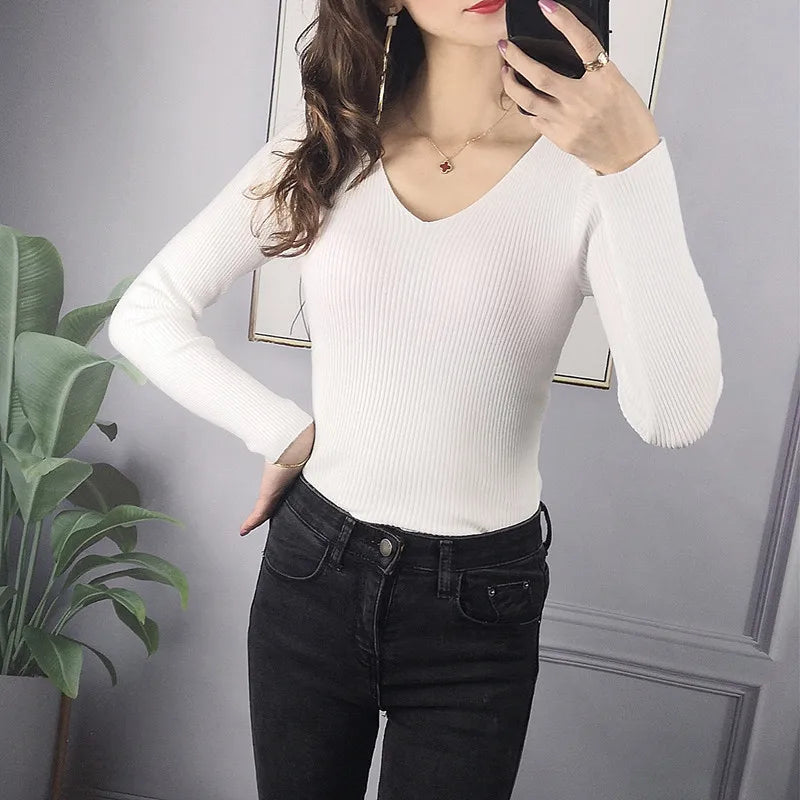 2024 herbst Winter Frauen Solide Rib Knit V-ausschnitt Streifen Pull Pullover Femme Y2k Langarm Pullover Jersey Tops Mode Kleidung