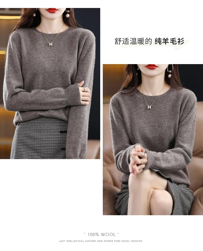 Women's 100% Pure Wool Cashmere Sweater O-Neck Pullover Knitted Casual Sweater Winter New  Long-Sleeved Warm High-Grade Jumper