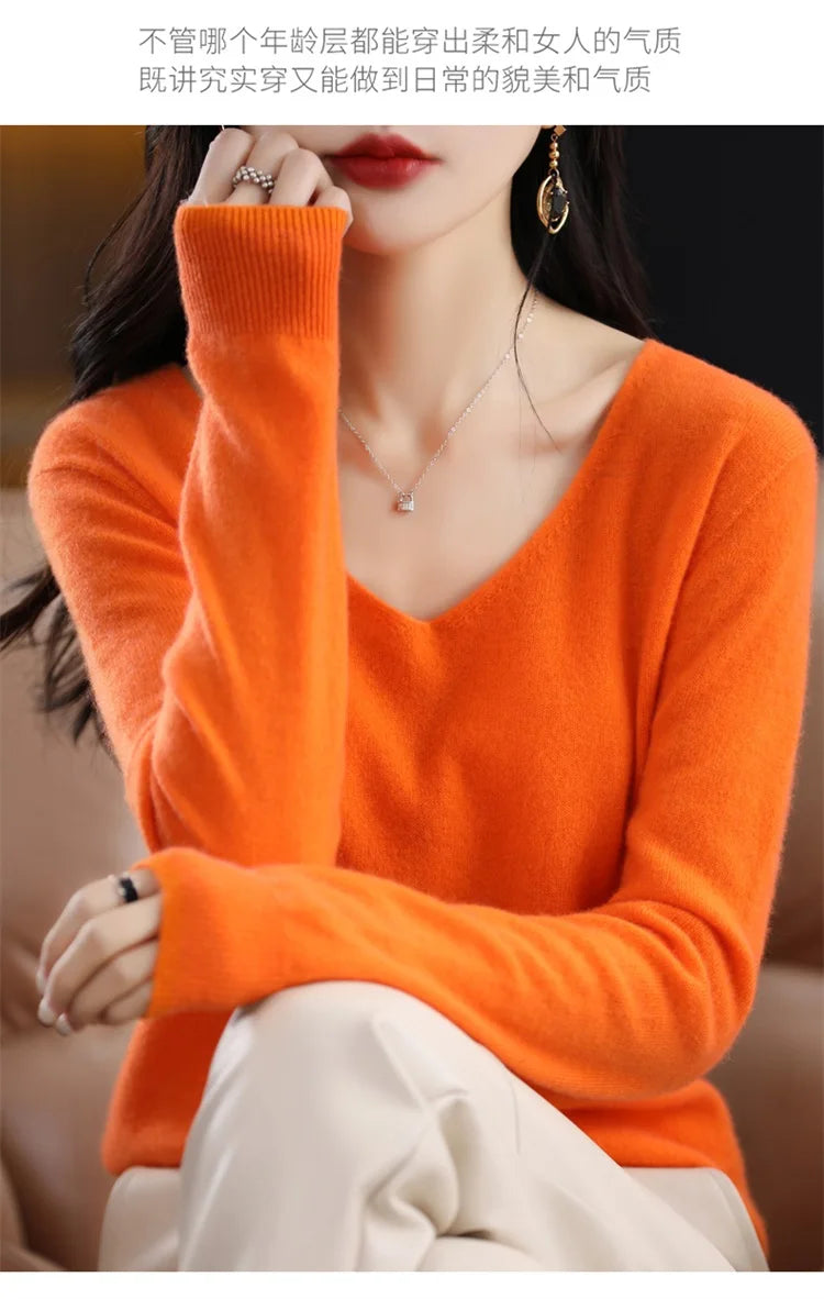 Merino Wool Women's Autumn And Winter Solid Color V-Neck Long-Sleeved Loose Knitted Sweater