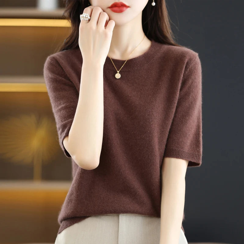 Spring and Summer New Short-sleeved Women O-neck Slim Wool Cotton Blend Pullover Vest T-shirt Knitted Base Sweater