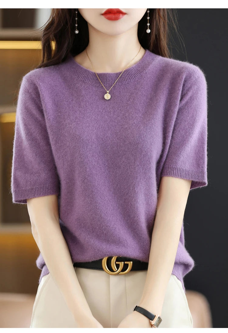 Spring and Summer New Short-sleeved Women O-neck Slim Wool Cotton Blend Pullover Vest T-shirt Knitted Base Sweater