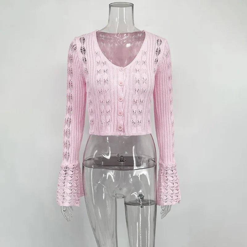 Tuularose Spring Knitted Cardigan Female Solid V-Neck Hollow Out Short Knitted Top Fashion Casual Loose Commuter Female T-Shirt