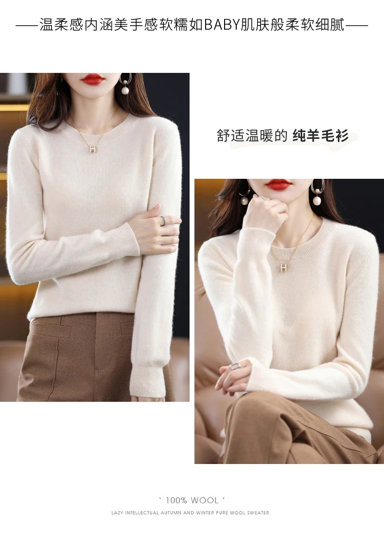 Women's 100% Pure Wool Cashmere Sweater O-Neck Pullover Knitted Casual Sweater Winter New  Long-Sleeved Warm High-Grade Jumper