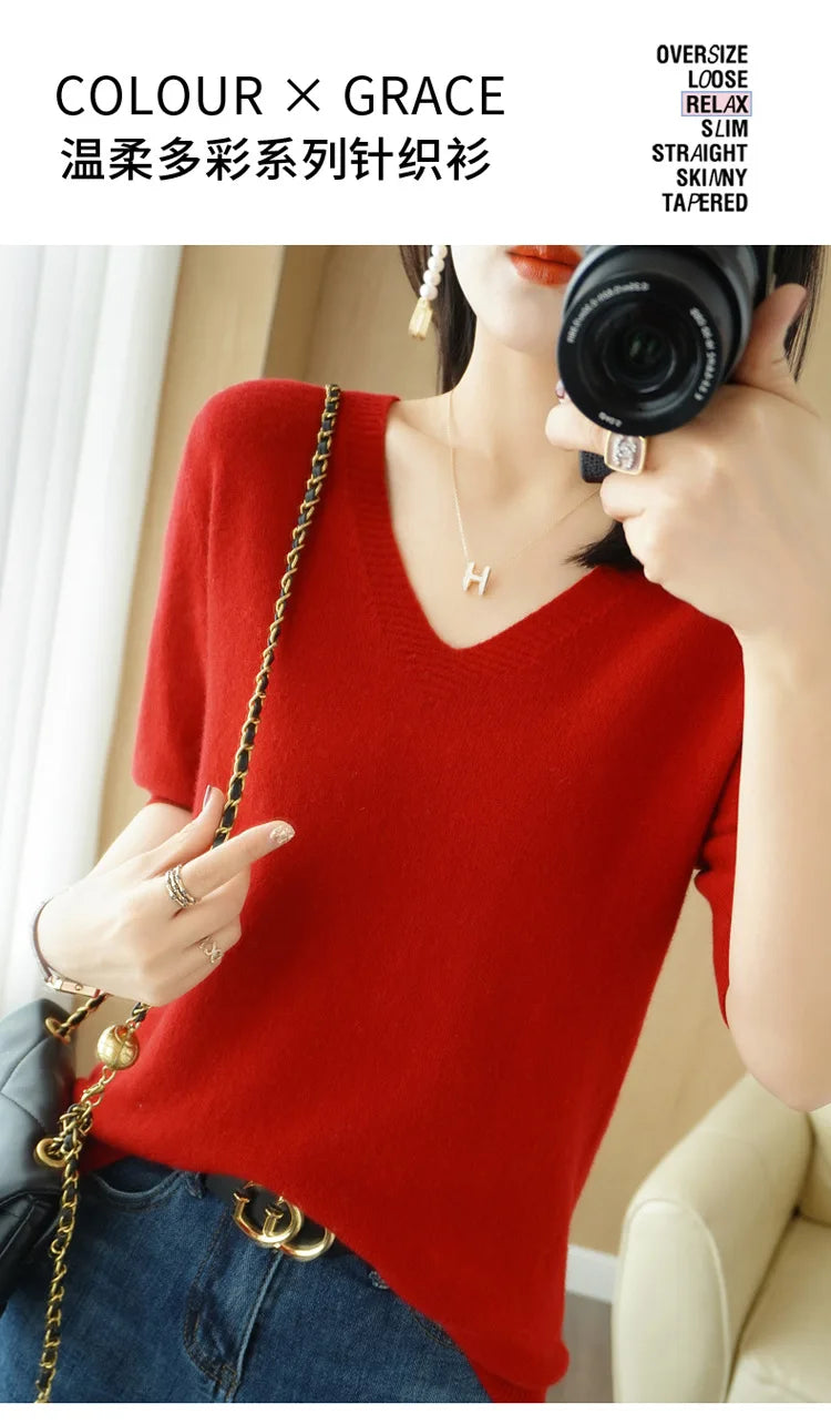 Spring/Summer 2022 Ladies Sweater Pullover Solid Color V-neck Half-sleeved Knitted Cashmere Sweater Thin Casual Top