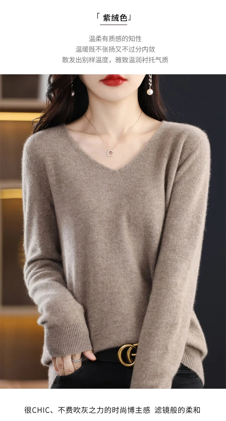 Merino Wool Women's Autumn And Winter Solid Color V-Neck Long-Sleeved Loose Knitted Sweater