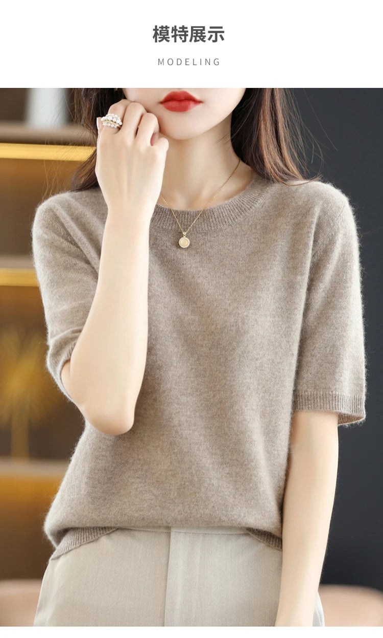 Spring and Summer New Short-sleeved Women O-neck Slim Wool Cotton Blend Pullover Vest T-shirt Knitted Base Sweater