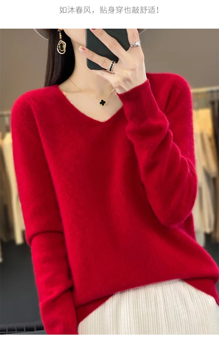 Merino Wool Women's Autumn And Winter Solid Color V-Neck Long-Sleeved Loose Knitted Sweater