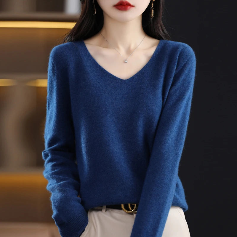 Merino Wool Women's Autumn And Winter Solid Color V-Neck Long-Sleeved Loose Knitted Sweater