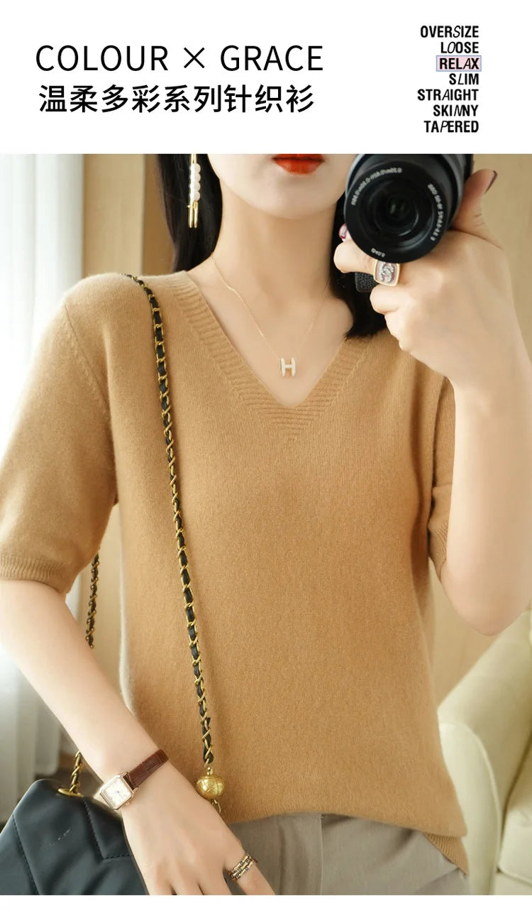 Spring/Summer 2022 Ladies Sweater Pullover Solid Color V-neck Half-sleeved Knitted Cashmere Sweater Thin Casual Top