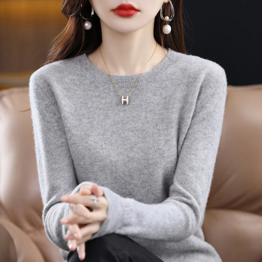 Women's 100% Pure Wool Cashmere Sweater O-Neck Pullover Knitted Casual Sweater Winter New  Long-Sleeved Warm High-Grade Jumper