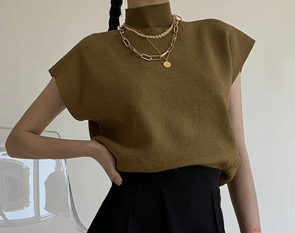 Fashion Vest Shirt Solid Stand-up Collar Knitted Sweater Short Sleeve Office Lady Loose Elegant  All-Match Straight Tops 20397