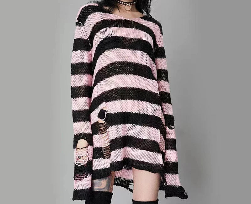 New Punk Gothic Long Unisex Sweater Summer Women Striped Cool Hollow Out Hole Broken Jumper Loose Rock Thin Dark Streetwear Top