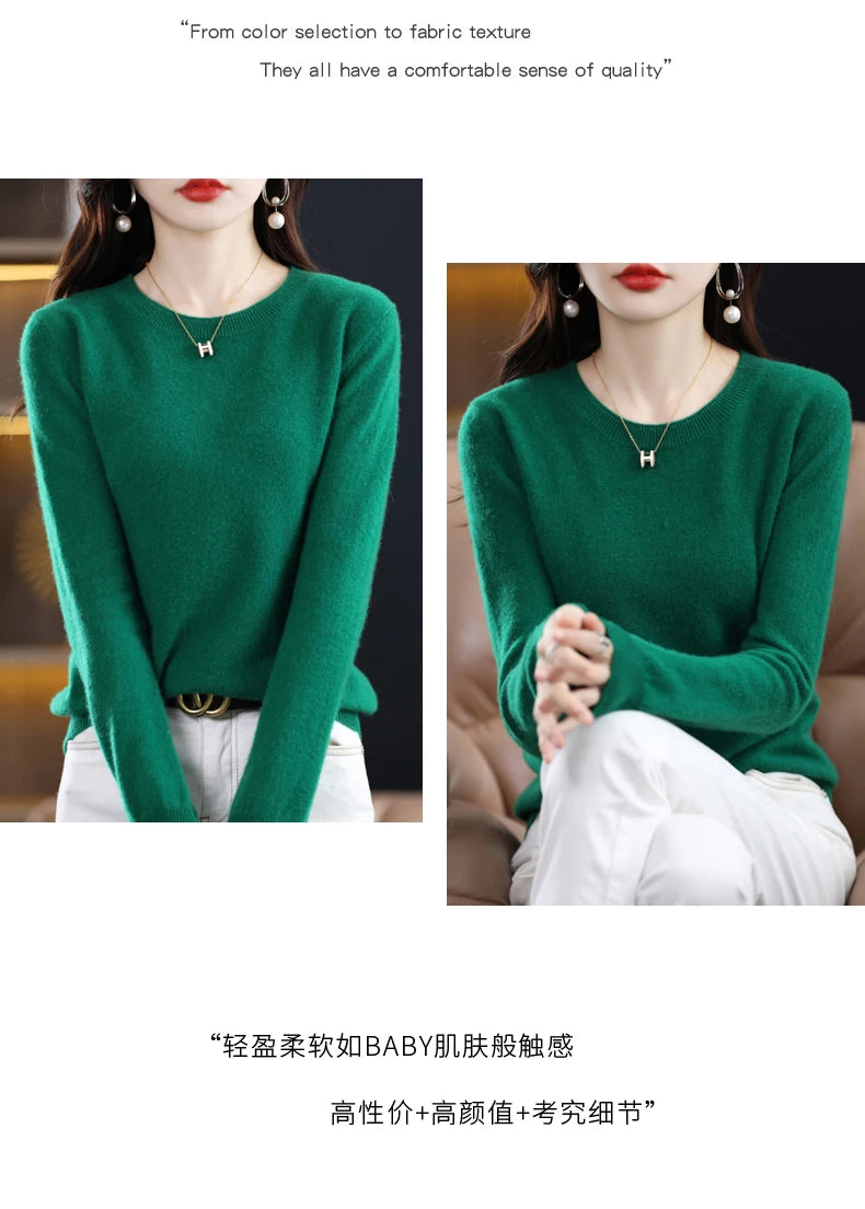 Women's 100% Pure Wool Cashmere Sweater O-Neck Pullover Knitted Casual Sweater Winter New  Long-Sleeved Warm High-Grade Jumper