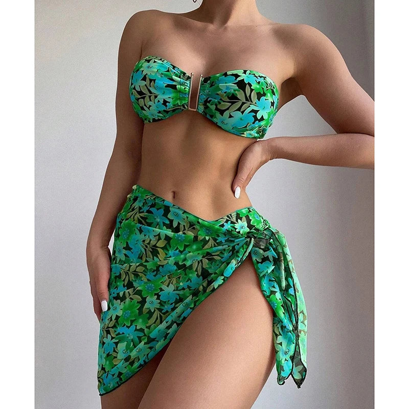 Cyflymder  Printing Split Bikini Set Women Swimsuit Metal U-shaped Decoration Bandage G-string Bikini Cover Ups Sexy 3 Piece Sets Beachwear - Seldom Seen Styles