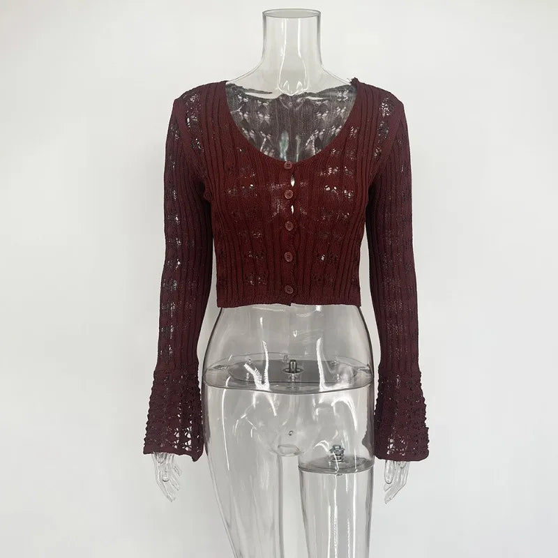 Tuularose Spring Knitted Cardigan Female Solid V-Neck Hollow Out Short Knitted Top Fashion Casual Loose Commuter Female T-Shirt