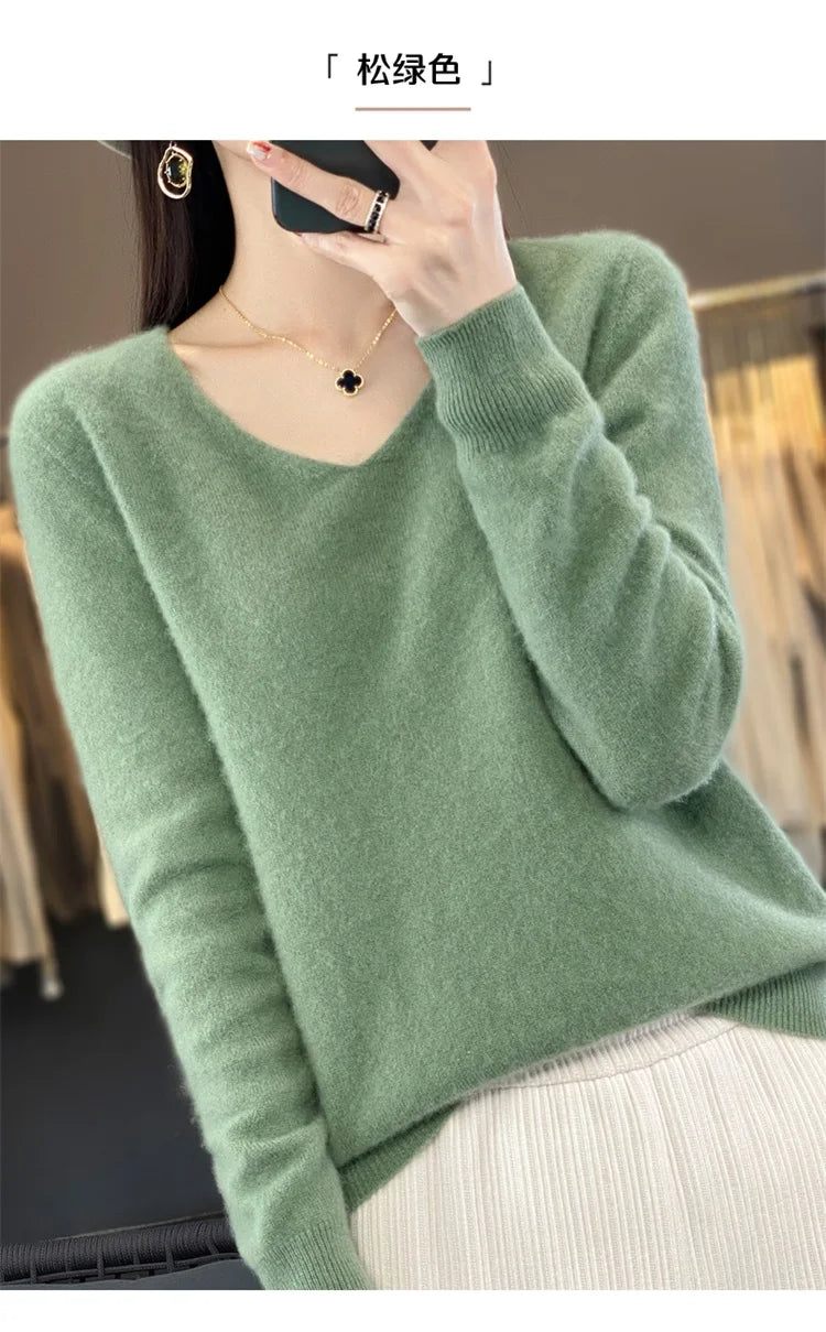 Merino Wool Women's Autumn And Winter Solid Color V-Neck Long-Sleeved Loose Knitted Sweater