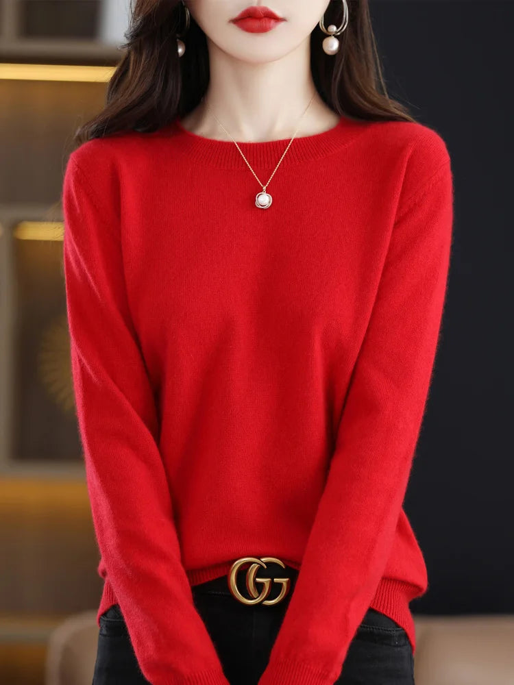 Fashion 100% Merino Wool Sweater Cashmere Pullover O-Neck Long Sleeve Women Knitwear Autumn Winter Clothing Aliselect Tops