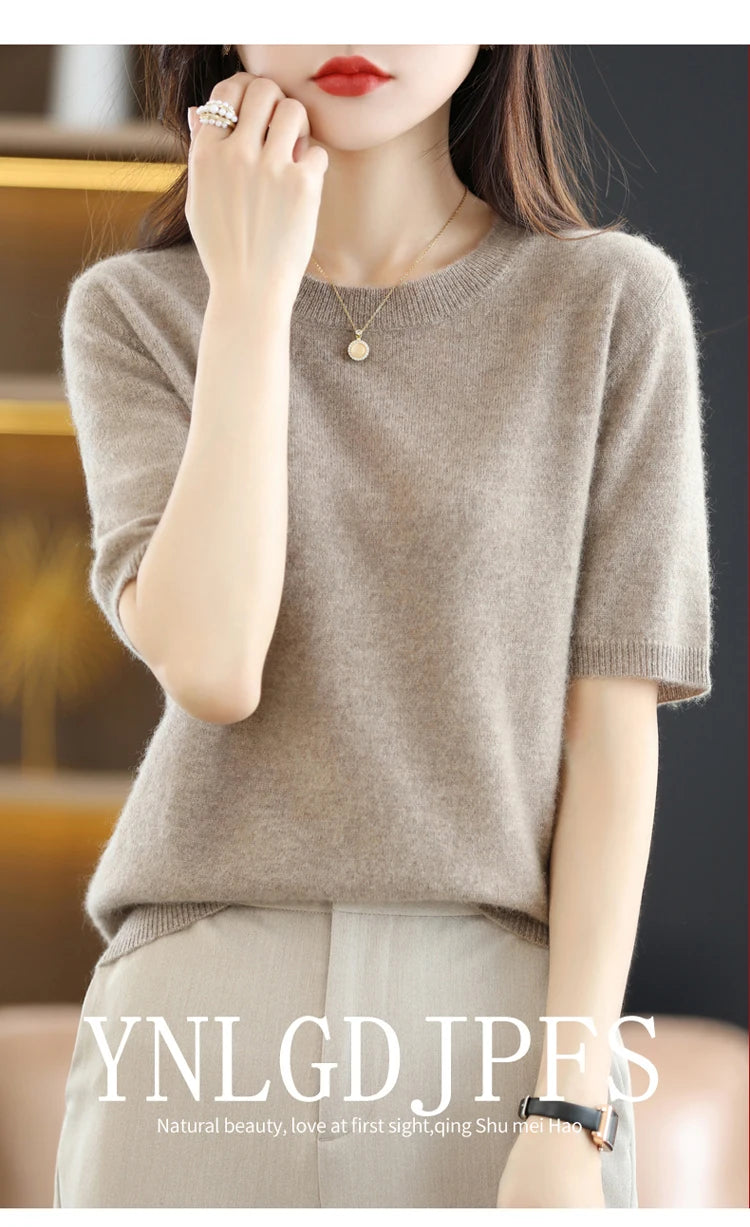 Spring and Summer New Short-sleeved Women O-neck Slim Wool Cotton Blend Pullover Vest T-shirt Knitted Base Sweater