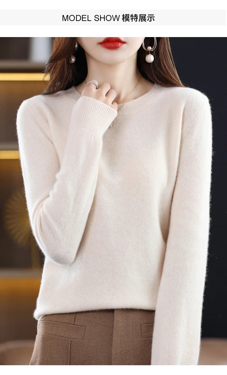 Women's 100% Pure Wool Cashmere Sweater O-Neck Pullover Knitted Casual Sweater Winter New  Long-Sleeved Warm High-Grade Jumper