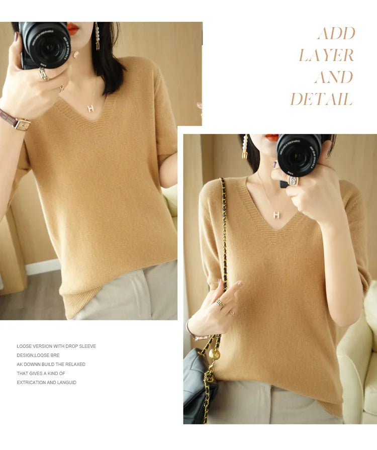 Spring/Summer 2022 Ladies Sweater Pullover Solid Color V-neck Half-sleeved Knitted Cashmere Sweater Thin Casual Top