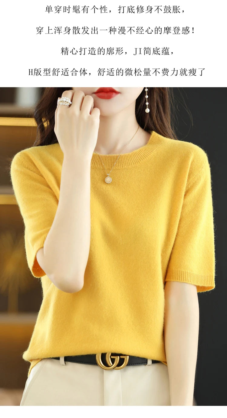 Spring and Summer New Short-sleeved Women O-neck Slim Wool Cotton Blend Pullover Vest T-shirt Knitted Base Sweater