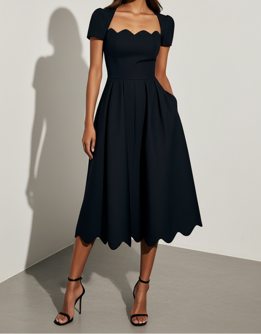 Scalloped Neckline Midi Dress with Refined Silhouette - Seldom Seen Styles