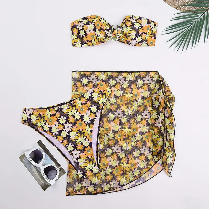 Cyflymder  Printing Split Bikini Set Women Swimsuit Metal U-shaped Decoration Bandage G-string Bikini Cover Ups Sexy 3 Piece Sets Beachwear - Seldom Seen Styles